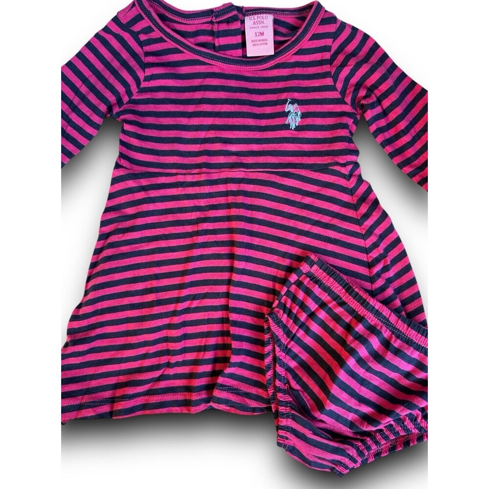 US POLO ASSN. SZ 12 Mo Pink/Navy Blue Striped Dress With Diaper Cover. NWT - Picture 2 of 8